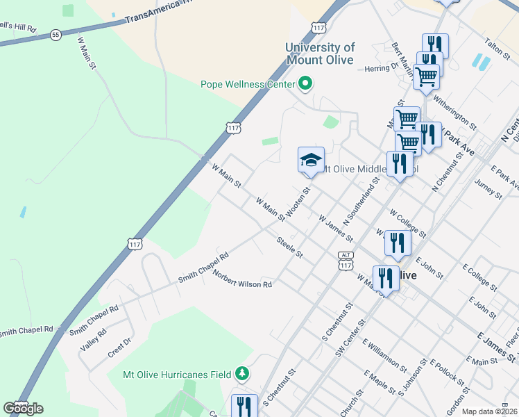 map of restaurants, bars, coffee shops, grocery stores, and more near 620 West Main Street in Mount Olive