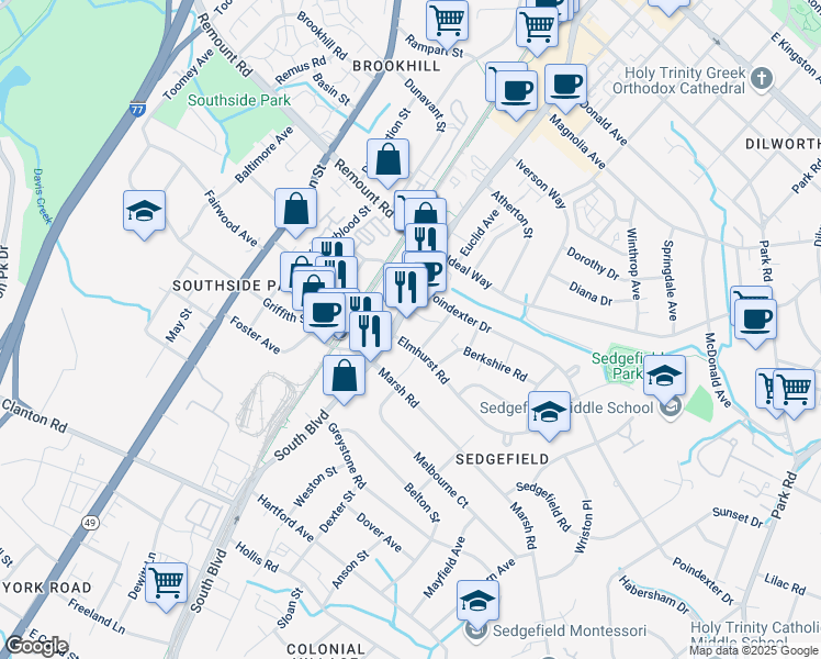 map of restaurants, bars, coffee shops, grocery stores, and more near 2729 South Boulevard in Charlotte