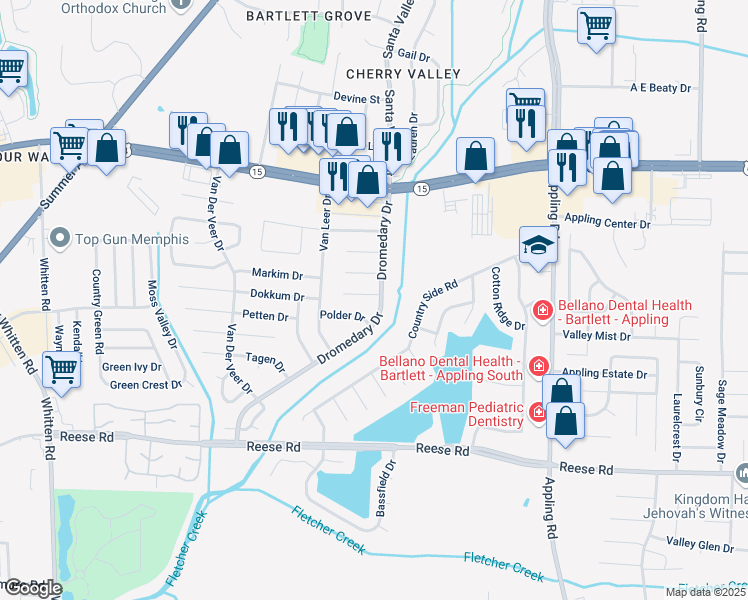 map of restaurants, bars, coffee shops, grocery stores, and more near 2725 Dromedary Drive in Memphis