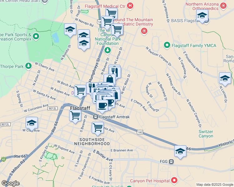 map of restaurants, bars, coffee shops, grocery stores, and more near 110 East Cherry Avenue in Flagstaff