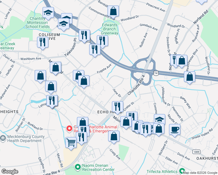 map of restaurants, bars, coffee shops, grocery stores, and more near 3209 June Drive in Charlotte