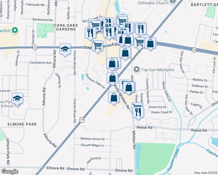 map of restaurants, bars, coffee shops, grocery stores, and more near 6672 Summer Avenue in Bartlett