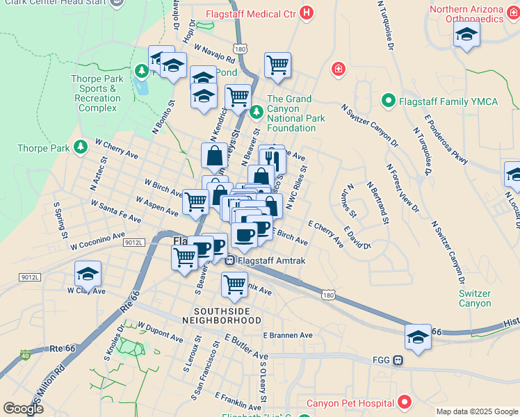 map of restaurants, bars, coffee shops, grocery stores, and more near 1824 Thompson Street in Flagstaff