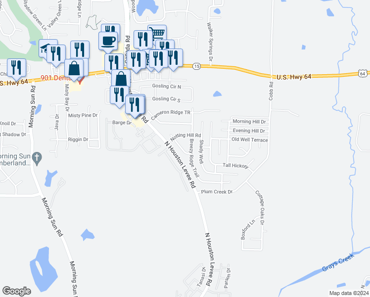 map of restaurants, bars, coffee shops, grocery stores, and more near 2716 Green Turtle Trail in Memphis