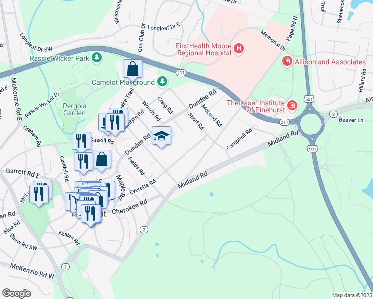 map of restaurants, bars, coffee shops, grocery stores, and more near 245 Everett Road in Pinehurst