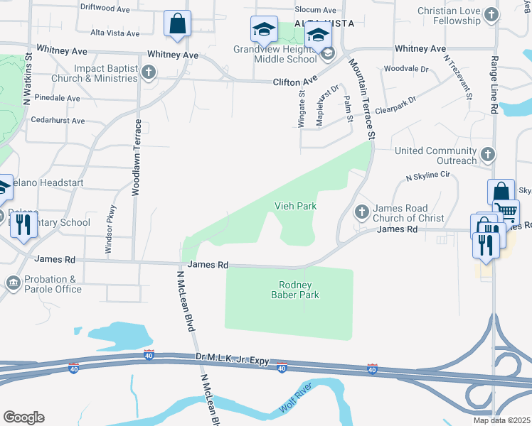 map of restaurants, bars, coffee shops, grocery stores, and more near 2220 James Road in Memphis