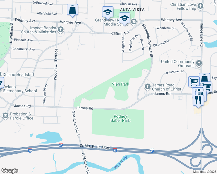 map of restaurants, bars, coffee shops, grocery stores, and more near 2220 James Road in Memphis