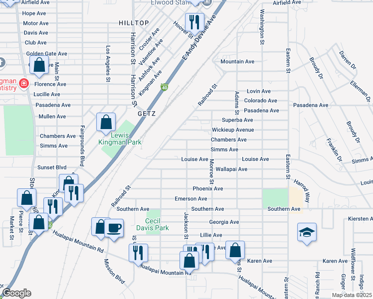map of restaurants, bars, coffee shops, grocery stores, and more near 1299 Jackson Street in Kingman