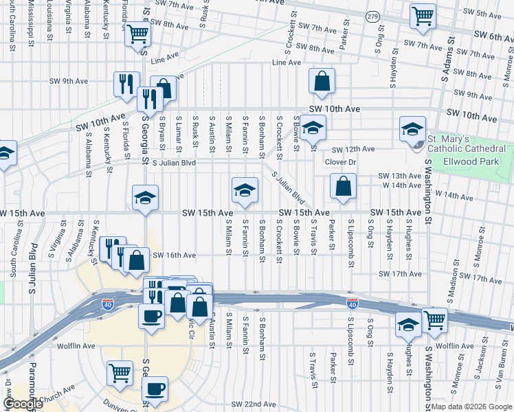 map of restaurants, bars, coffee shops, grocery stores, and more near 1226 South Bonham Street in Amarillo