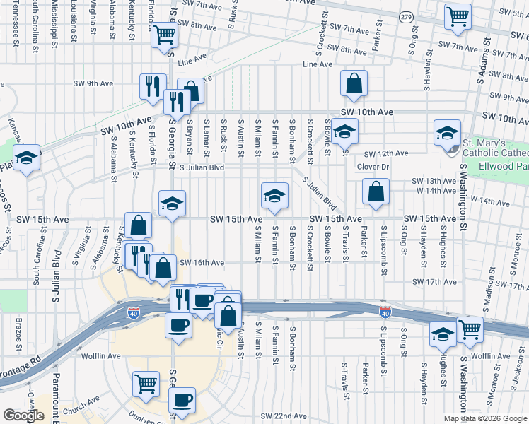 map of restaurants, bars, coffee shops, grocery stores, and more near 1224 South Fannin Street in Amarillo