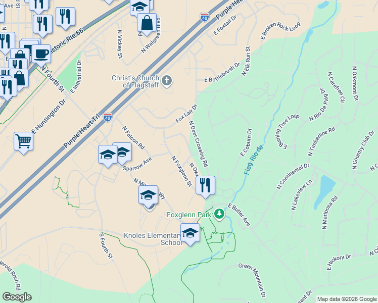 map of restaurants, bars, coffee shops, grocery stores, and more near 1710 North Thistle Road in Flagstaff