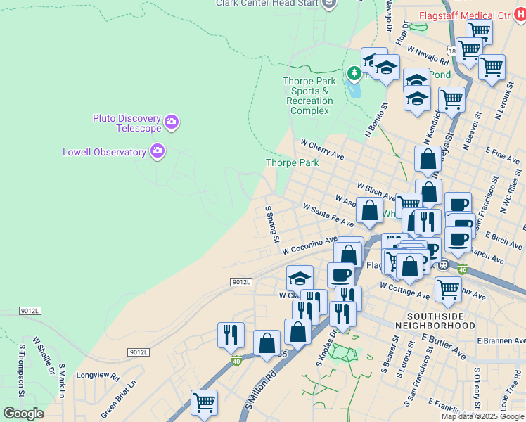 map of restaurants, bars, coffee shops, grocery stores, and more near 119 South Spring Street in Flagstaff