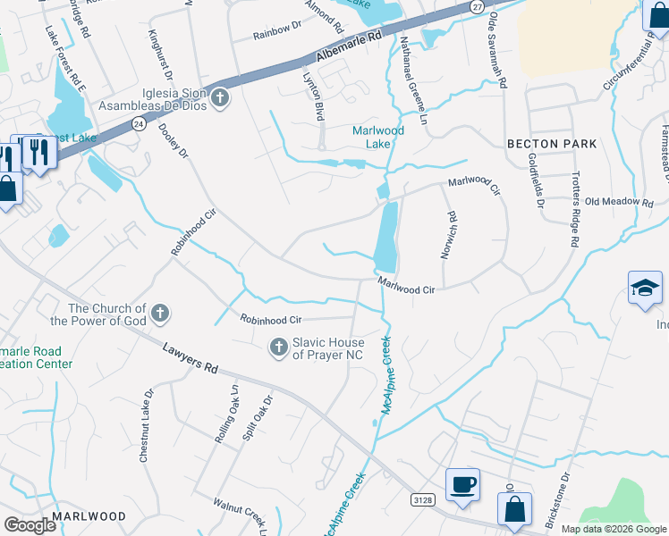 map of restaurants, bars, coffee shops, grocery stores, and more near 1213 Marlwood Circle in Charlotte