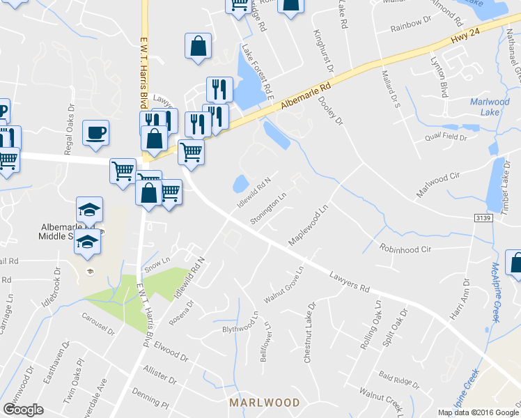 map of restaurants, bars, coffee shops, grocery stores, and more near 5512 Idlewild Road North in Charlotte