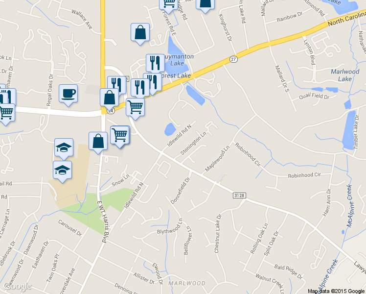 map of restaurants, bars, coffee shops, grocery stores, and more near 5512 Idlewild Road North in Charlotte