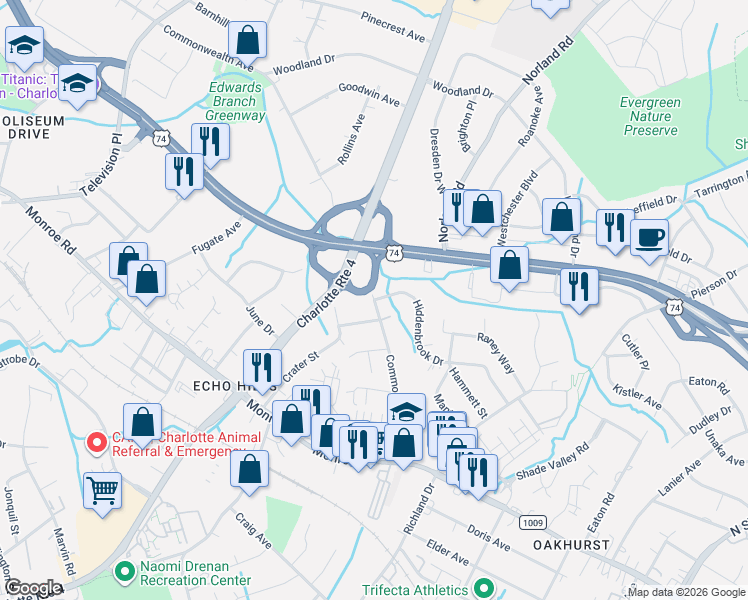 map of restaurants, bars, coffee shops, grocery stores, and more near Commonwealth Ave & Hiddenbrook Dr in Charlotte