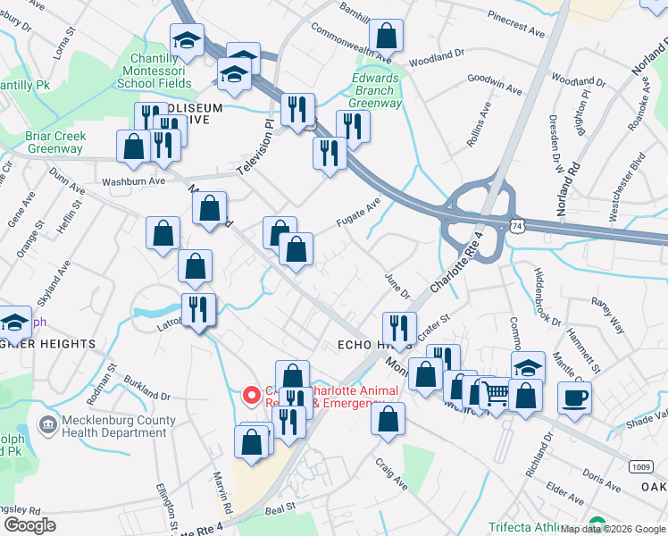 map of restaurants, bars, coffee shops, grocery stores, and more near 838 Mohigan Street in Charlotte