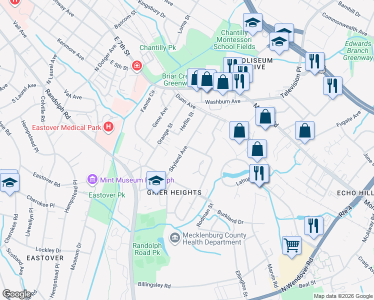 map of restaurants, bars, coffee shops, grocery stores, and more near in Charlotte
