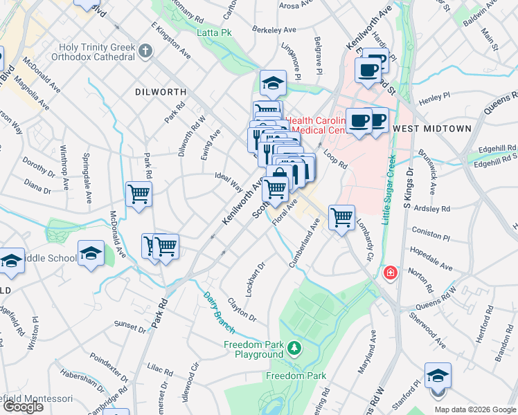 map of restaurants, bars, coffee shops, grocery stores, and more near in Charlotte