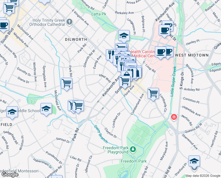 map of restaurants, bars, coffee shops, grocery stores, and more near 2017 Charlotte Drive in Charlotte
