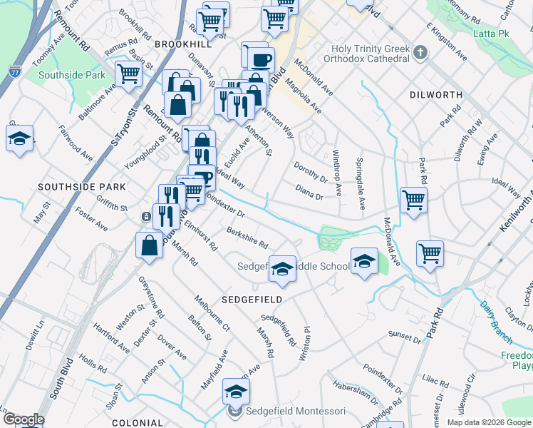 map of restaurants, bars, coffee shops, grocery stores, and more near 518 Ideal Way in Charlotte