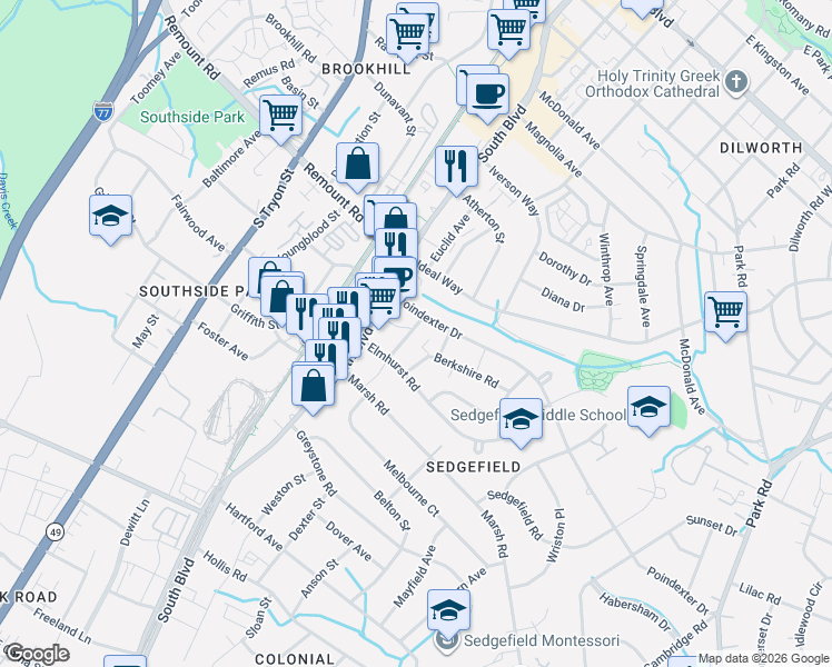 map of restaurants, bars, coffee shops, grocery stores, and more near in Charlotte