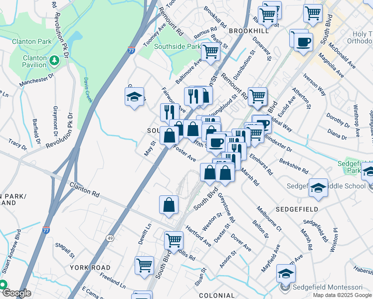 map of restaurants, bars, coffee shops, grocery stores, and more near 3101 Griffith Street in Charlotte