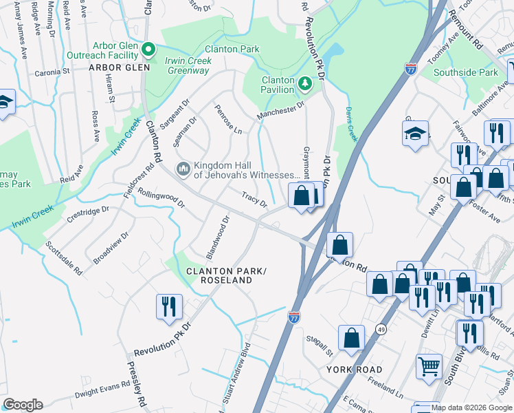 map of restaurants, bars, coffee shops, grocery stores, and more near 914 Tracy Drive in Charlotte