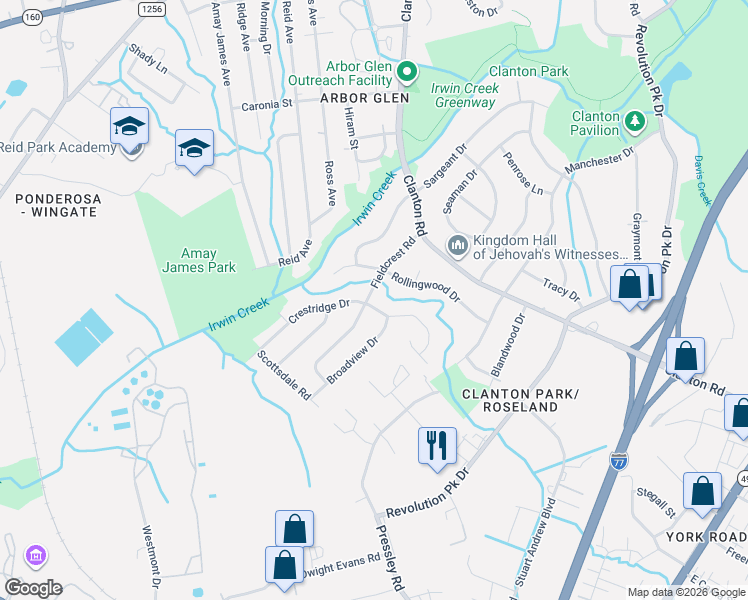 map of restaurants, bars, coffee shops, grocery stores, and more near 3812 Fieldcrest Road in Charlotte