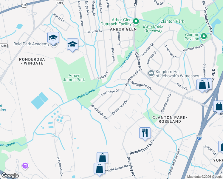 map of restaurants, bars, coffee shops, grocery stores, and more near 1423 Rollingwood Drive in Charlotte
