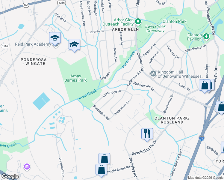 map of restaurants, bars, coffee shops, grocery stores, and more near 1423 Rollingwood Drive in Charlotte