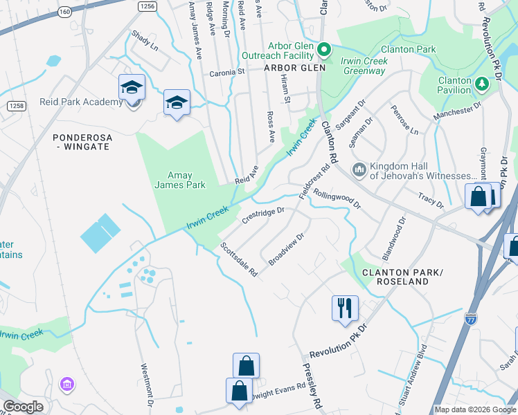 map of restaurants, bars, coffee shops, grocery stores, and more near 3920 Crestridge Drive in Charlotte