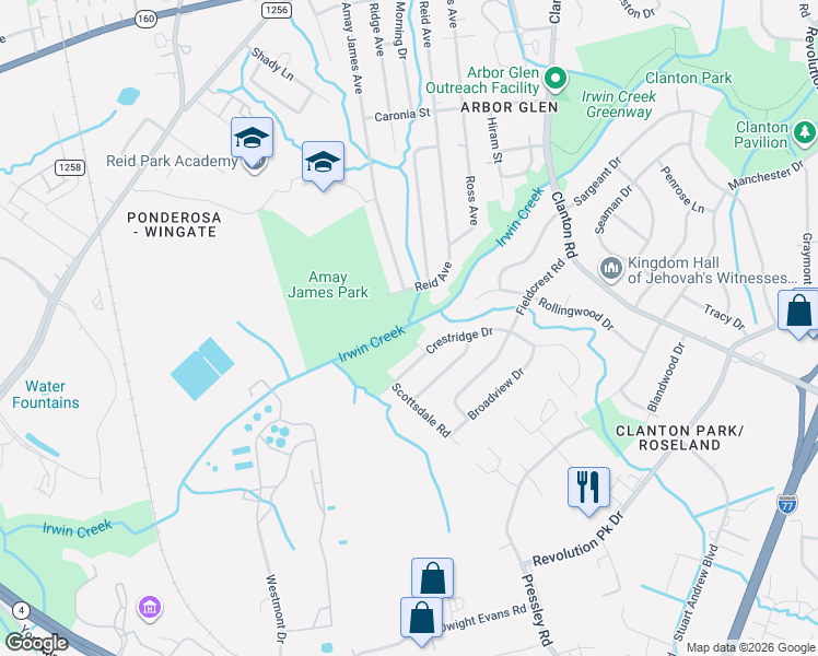 map of restaurants, bars, coffee shops, grocery stores, and more near 3607 Reid Avenue in Charlotte
