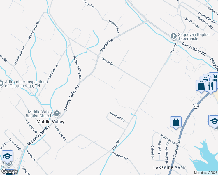 map of restaurants, bars, coffee shops, grocery stores, and more near 1171 Green Grove Drive in Middle Valley