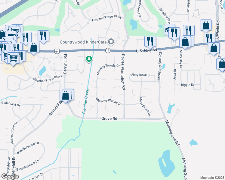 map of restaurants, bars, coffee shops, grocery stores, and more near 9446 Misty Grove Cove in Memphis