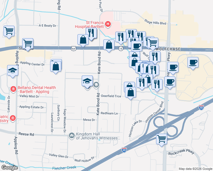 map of restaurants, bars, coffee shops, grocery stores, and more near 2744 Kate Bond Road in Memphis