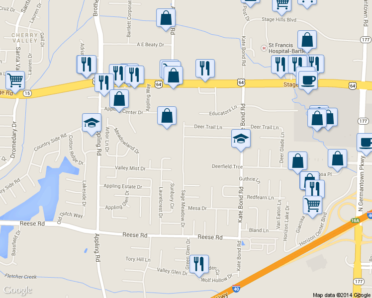 map of restaurants, bars, coffee shops, grocery stores, and more near 2749 Sage Meadow Drive in Memphis