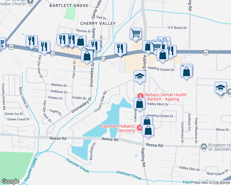 map of restaurants, bars, coffee shops, grocery stores, and more near 7335 Country Side Road in Memphis