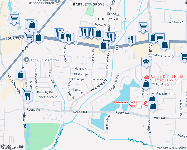 map of restaurants, bars, coffee shops, grocery stores, and more near 2748 Van Leer Drive in Memphis