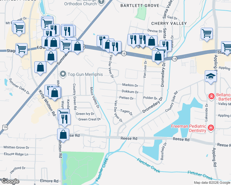 map of restaurants, bars, coffee shops, grocery stores, and more near 7024 Dokkum Cove in Memphis