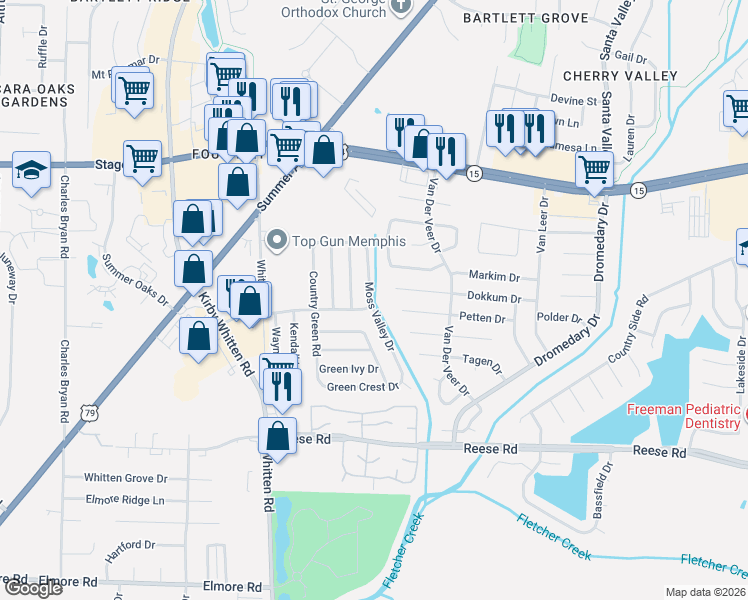 map of restaurants, bars, coffee shops, grocery stores, and more near 2748 Moss Valley Drive in Memphis