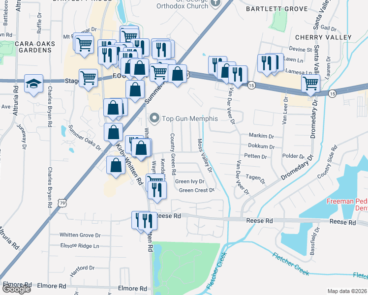map of restaurants, bars, coffee shops, grocery stores, and more near 2750 Rambling Brook Drive in Memphis