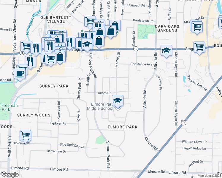 map of restaurants, bars, coffee shops, grocery stores, and more near 2744 Galaxie Street in Bartlett