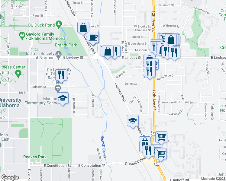 map of restaurants, bars, coffee shops, grocery stores, and more near 2200 Classen Boulevard in Norman