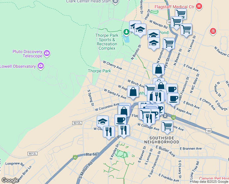map of restaurants, bars, coffee shops, grocery stores, and more near 614 West Santa Fe Avenue in Flagstaff