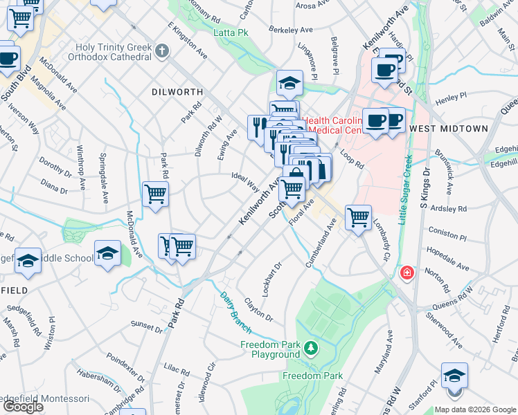 map of restaurants, bars, coffee shops, grocery stores, and more near 2017 Charlotte Drive in Charlotte