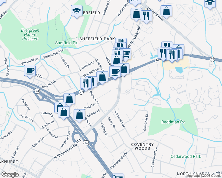 map of restaurants, bars, coffee shops, grocery stores, and more near 3061 North Sharon Amity Road in Charlotte
