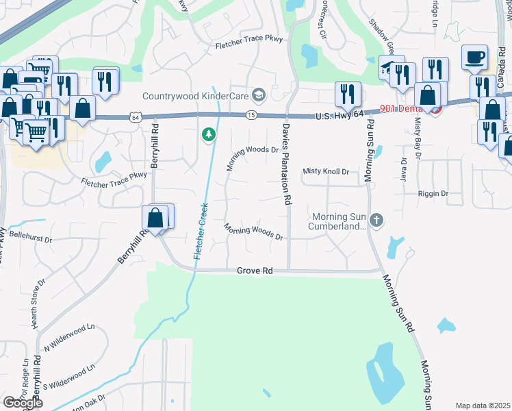 map of restaurants, bars, coffee shops, grocery stores, and more near 9439 Misty Grove Cove in Memphis