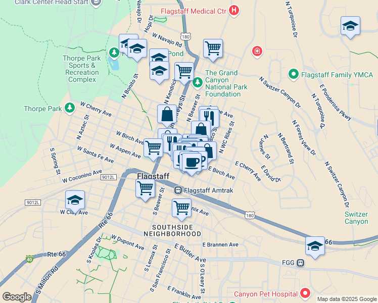 map of restaurants, bars, coffee shops, grocery stores, and more near 215 North Leroux Street in Flagstaff