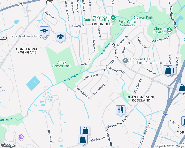 map of restaurants, bars, coffee shops, grocery stores, and more near 1423 Rollingwood Drive in Charlotte